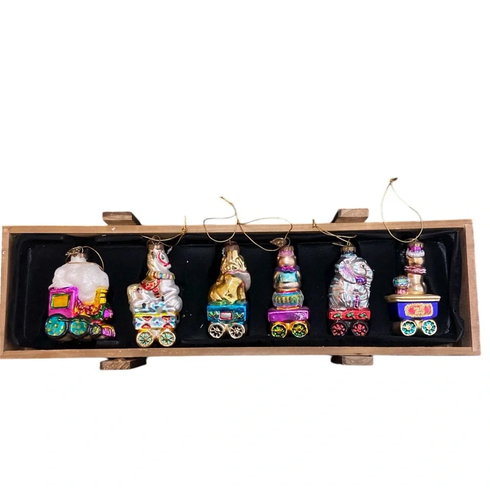 2004 Thomas Pacconi Circus Train Set of 6 Hand Blown Glass Ornaments Wood Crate